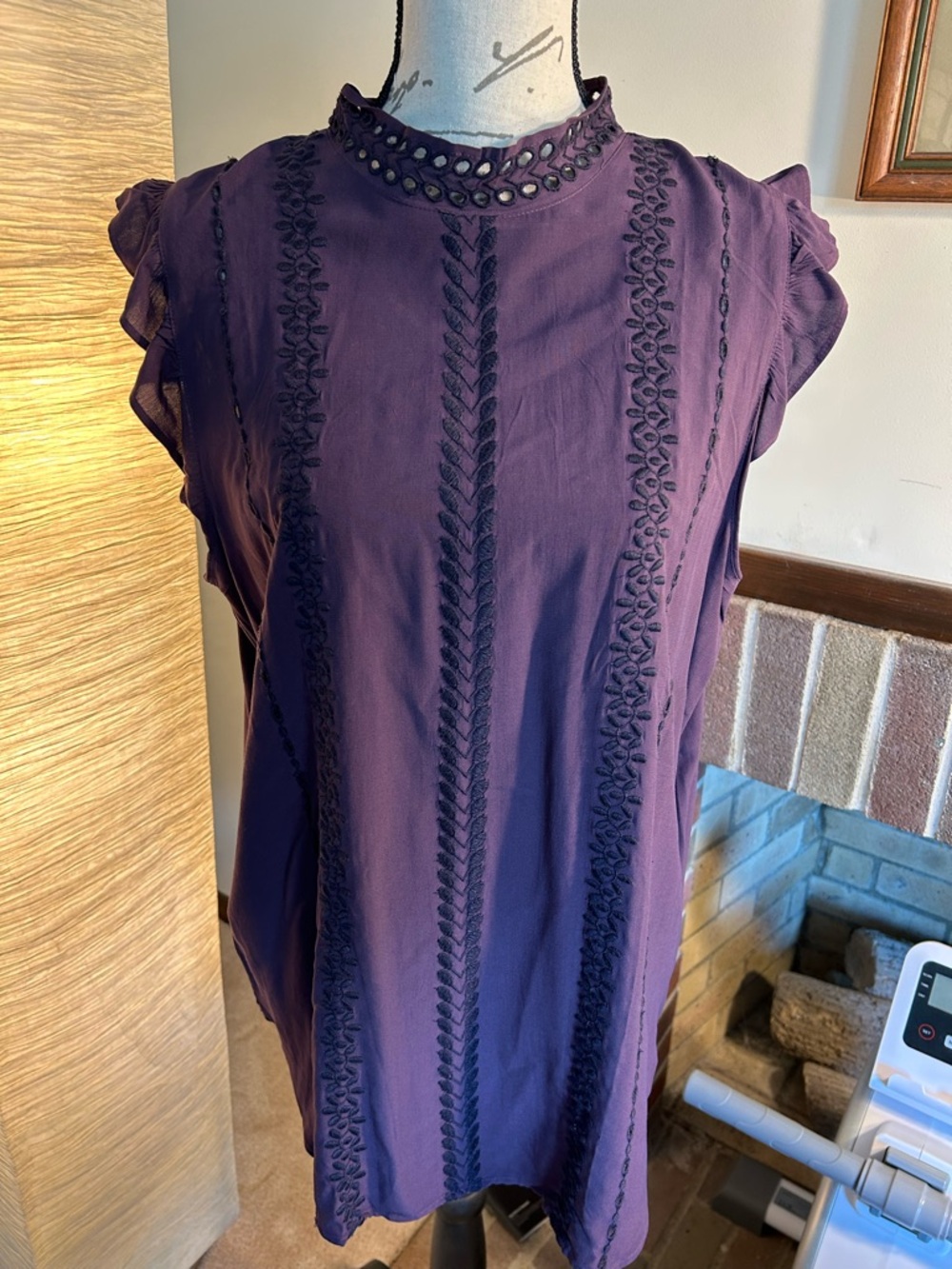 LOFT Purple Embroidered Ruffle Sleeve Blouse